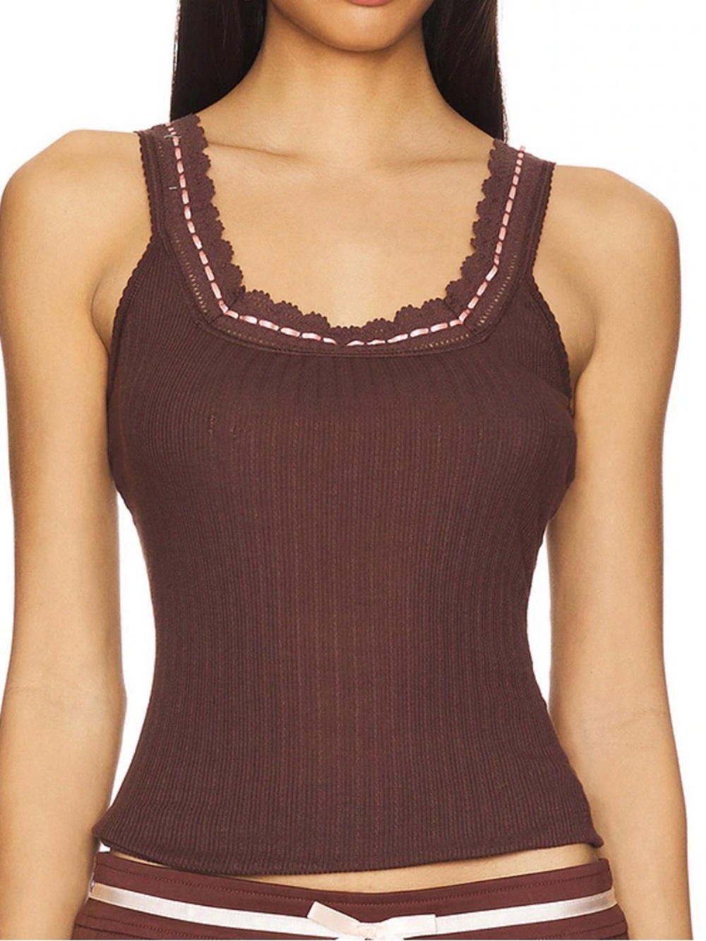 Free People Brown and Pink Lace-Trim Ribbed Tank Top